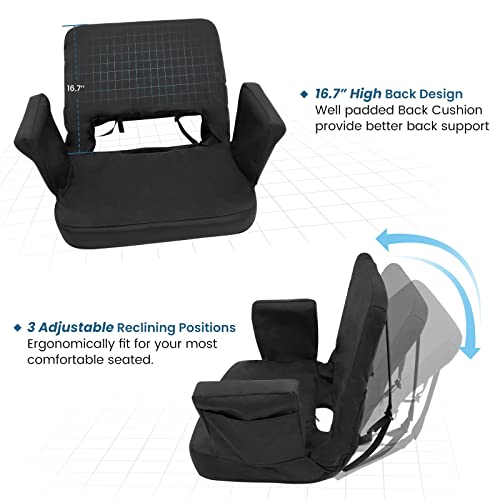 TOPSKY Stadium Seat with Back Support, Extra Wide 21.2”Width (Seat 19.5”), 3 Reclining Positions, Wide Bleacher Seats with 2 Hook, Picnic Seat (2pcs Black)