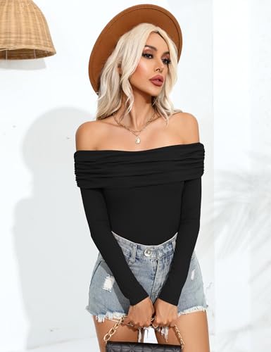 Prettywear Women's Sexy Off Shoulder Tops Business Casual Slim Fit Long Sleeves Spring Fall Blouse Going Out Nightout Shirt Champagne