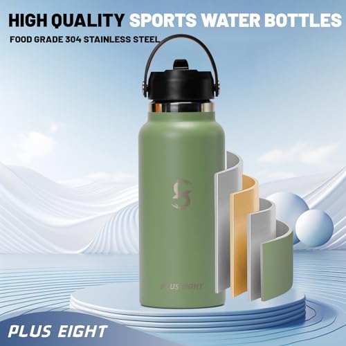 pluseight Sports Water Bottle, 32 oz Insulated Water Bottle With Straw, Stainless Steel Water Bottle Wide Mouth for Sports, Gym or Office, BPA-Free Keep Cold 24H Hot 12H (Agave)