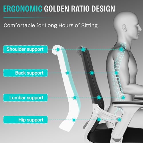 Ergonomic Office Desk Chair, Mesh Computer Gaming Chair with Adjustable Flip-Up Arms, Lumbar Support, Tilt Function, Comfy Wide Seat, Swivel Wheel, Sturdy Big and Tall Task Chairs for Adults Students