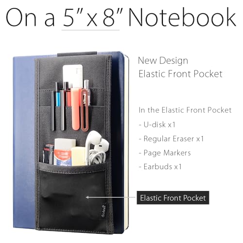 Adjustable Elastic Band Pen Holder, Velcro Pencil Holder, Pen Sleeve Case for Hard Cover Journals, Planners, Notebooks, Books, Binders, Fits Regular & Large Notebooks, Accessory Pocket, Detachable.
