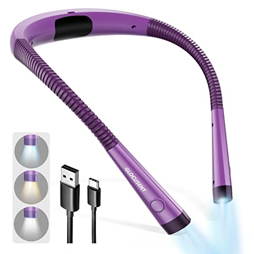 Glocusent Book Light, 3-Color & 6-Brightness Reading Light, Bendable Neck Light, 80-hr Lasting Rechargeable Lamp, Perfect Book Light for Reading in Bed, Knitting, Camping, Repairing, Book Lovers Gifts