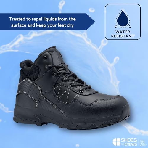 Shoes for Crews Piston Low, Men's, Women's, Unisex Soft Toe Slip Resistant Work Shoes, Water Resistant, Black, Men's 7.5 / Women's 9 Wide