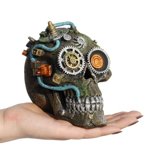 RVQIGYP Aquarium Decoration Creative Fish Tank Decoration Machine Skeleton Decoration Fish and Shrimp Dodge House Beta Fish Tank Decoration Halloween Skeleton (Mechanical Skull)