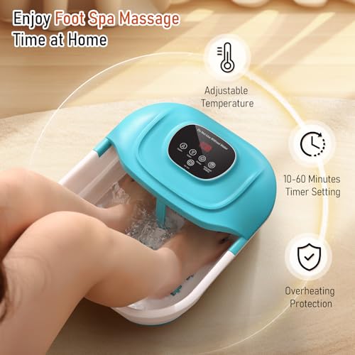 Collapsible Foot Spa with Heat, Adjustable Temperature and Timer Setting, Foot Soak Bath with Bubble, Pumice Stone, Red Light and Massage Rollers, Help Feet Stress Relief, Gifts for Women/Men
