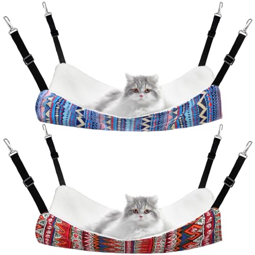2 Pieces Reversible Cat Hanging Hammock Soft Breathable Pet Cage Hammock with Adjustable Straps and Metal Hooks Double Sided Hanging Bed for Small Dogs Rabbits(Ethnic Pattern,M)