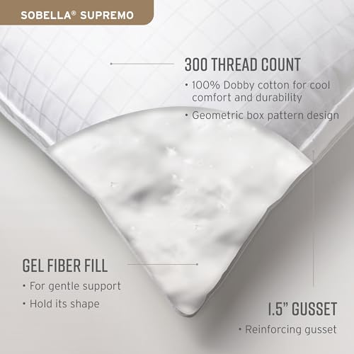 Sobel Westex: Sobella Supremo Side and Stomach Sleeper Pillow | Hotel and Resort Quality, 300 Thread Count 100% Cotton Casing | Gel Fiber Fill, Gentle Support, Downlike Feel, Plush (Queen Size)