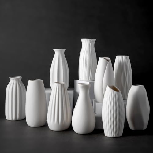 Small White Ceramic Vase Set of 10 - Mini Bud Vases for Flowers and Pampas Grass, Boho Centerpieces for Home and Party Decor, White Vases Home Decor, Ceramic Vase Set for Weddings