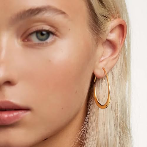 Gacimy Black Teardrop Hoop Earrings for Women, Black Plated Oval Pull Through Hoop Earrings for Women, Black Drop Hoop Earrings for Women, 30mm Black