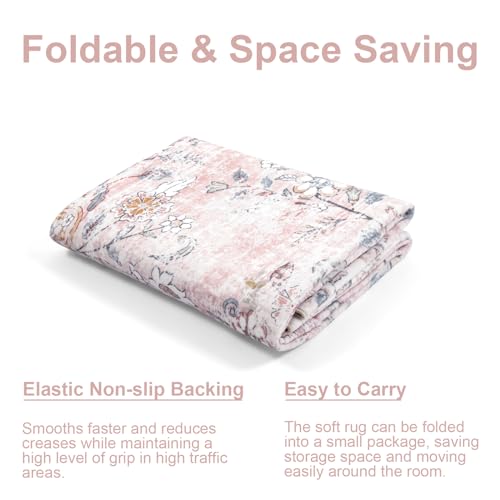 LIVEBOX 5x7 Pink Boho Rugs for Living Room, Soft Nursery Rug Non-Slip Faux Wool Rug for Bedroom Girls, Ultra-Thin Washable Area Rug for Girls Room, Non-Shedding Blush Pink Floral Rug