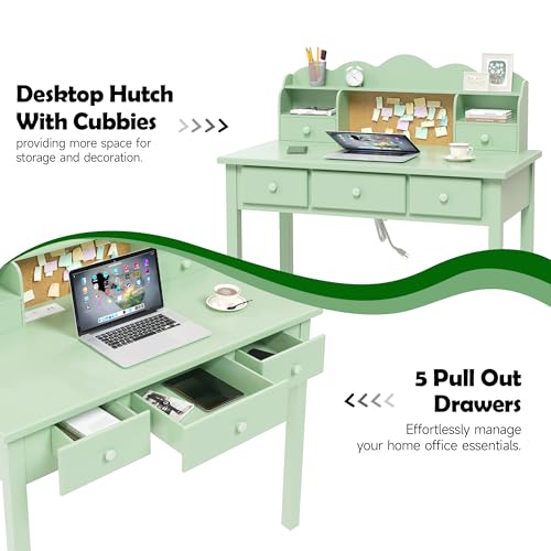 FUNKOCO Home Office Furniture Writing Desk, 36 Inch Computer Work Station with Detachable Hutch for Small Place, 5 Drawers(Candy Green)