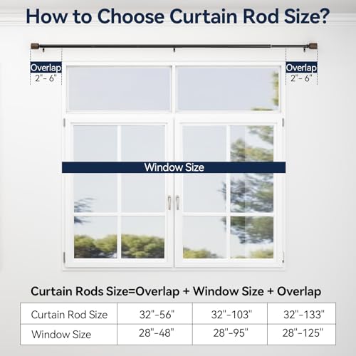 Heavy Duty Curtain Rods for Windows 32 to 56 Inches, 1 Inch Diameter Curtain Rod Set with Easy Installation, Adjustable Length Drapery Rods with Wood Finials (Black)