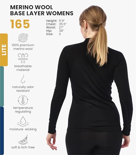Merino Wool Base Layer Women - 100% Merino Half Zip Sweater Women Lite, Midweight, Heavyweight Thermal Shirts and Socks (Large, 250 Cherry Red)