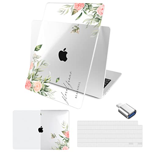 Batianda Compatible with New MacBook Air 13 inch Case 2024 M3/M2 Chip Model A3113/A2681, Plastic Crystal Hardshell Keyboard Cover for MacBook Air 13.6 inch & USB-C OTG Adapter, Lovely flower