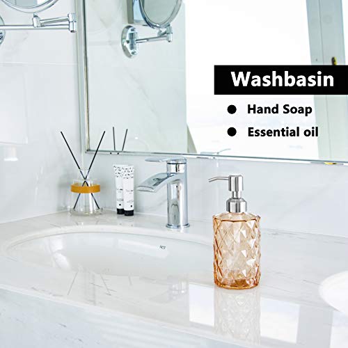 Easy-Tang 12 Oz Soap Dispenser for Kitchen,Bathroom - Refillable Wash Hand Liquid Clear Glass Bottle with Stainless Steel Pump,Ideal for Containers,Dish Detergent,Essential Oil,Shampoo Lotion (Amber)