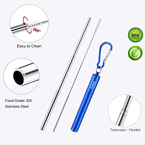 2 Pack Reusable Metal Straws Collapsible Stainless Steel Drinking Straw Travel Portable Telescopic Straw with Case,2 Cleaning Brushes Included Black/Blue