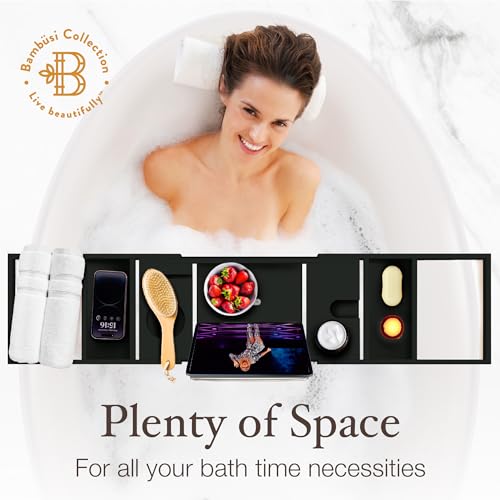 Bambüsi Bathtub Tray Table - Collapsible & Adjustable Bathtub Caddy - Space-Saving Folding Bath Tub Tray - Wood Bathtub Accessories - Unique Valentines Day Gifts for Women or Men (Black Bamboo)
