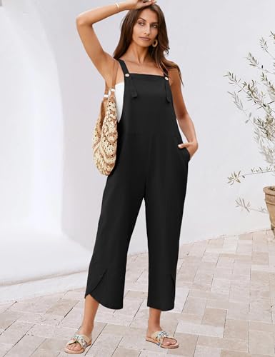 UANEO Womens Cotton Adjustable Casual Summer Bib Overalls Jumpsuits with Pockets (Black, Small)