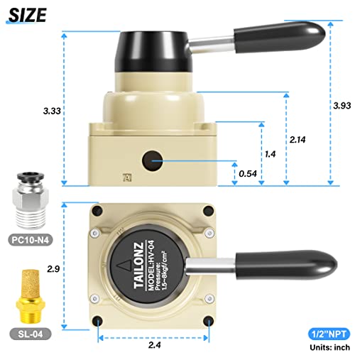 TAILONZ PNEUMATIC Rotary Lever Hand Valve HV-04 1/2”NPT Air Flow Control 3 Position 4 Way