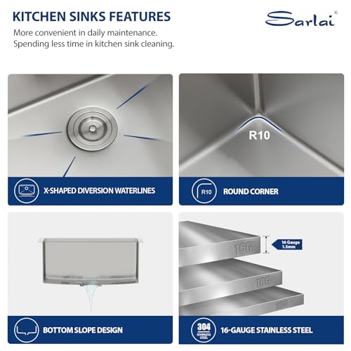 Sarlai 36 Farmhouse Sink Stainless Steel - 36x22 Inch Kitchen Sink Ledge Workstation Apron Front Single Bowl 16 Gauge Stainless Steel Luxury Undermount Farm Kitchen Sink