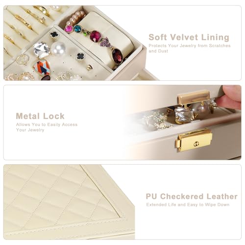 GUOER Jewelry Box for Women Girl Wife - Large PU Leather Jewelry Organizer Storage Case with Two Layers Display for Earrings Bracelets Rings Watches (Apricot)