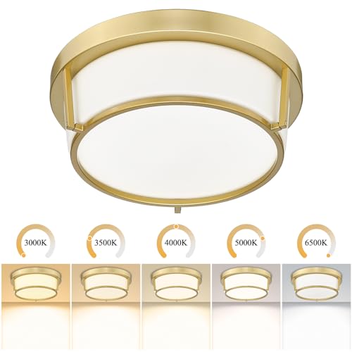 Luminzone Gold LED Ceiling Light Fixtures 12 Inch 22W LED Flush Mount Light 5CCT Dimmable Ceiling Light with Milk Glass Overhead Ceiling Lamp for Bedroom Bathroom Kitchen 3000K~6500K
