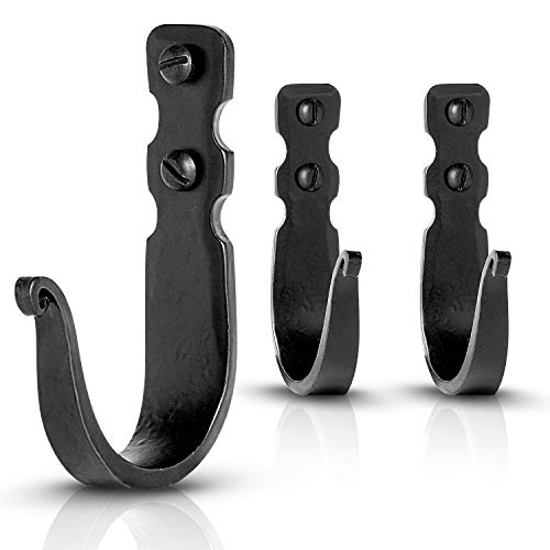 Stur-De Decorative Hooks for Wall - Wall Hooks for Hanging Coats, Hats & Bags, Rustic Towel Hooks for Bathrooms or Kitchen - Wrought Iron Farmhouse Hangers - Pack of 3, Black - 3.3 x 2 x 0.8 Inches