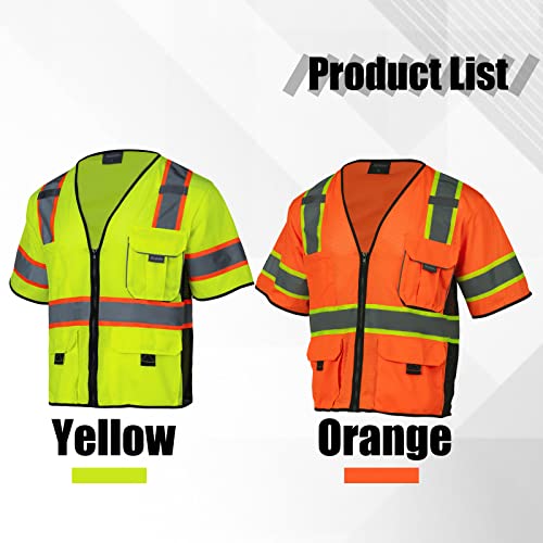 Sicalobo High Visibility Vest with Pockets Zipper for Men Women Construction Vest with Reflective Strips,Orange,L
