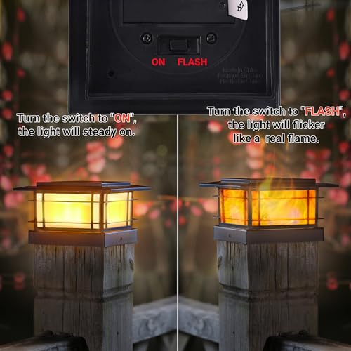 Dynaming 2 Pack Solar Post Cap Lights Outdoor with Flickering Flame Light, Fence Post Solar Lights Fit for 4x4 5x5 6x6 Vinyl/Wooden Posts, High Brightness SMD LED Lighting Decor for Garden Deck Patio