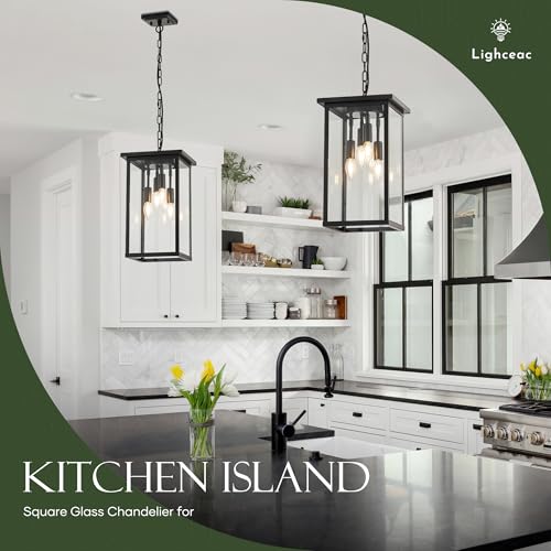 lighceac 10" Modern 4-Light Exterior Black Square Lantern Pendant Light Fixture with Clear Glass Industrial Hanging Cage Chandelier for Outdoor Porch Kitchen Island Dining Room Hallway Entryway Foyer