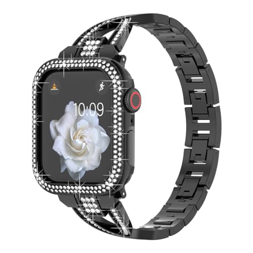 HJINVIGOUR Compatible Apple Watch Diamond Case Protective Cover Bling Rhinestone Crystal Metal Alloy Band Strap Series 9 8 7 6 5 4 45mm 41mm 44mm 40mm (40mm, Black)