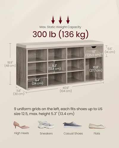 VASAGLE CUSTOS Collection - Shoe Bench, Storage Bench with Padded Seat, Entryway Bench with 15 Compartments, for Bedroom, 11.8 x 40.9 x 18.9 Inches, Heather Greige and Cappuccino Beige ULHS024K02