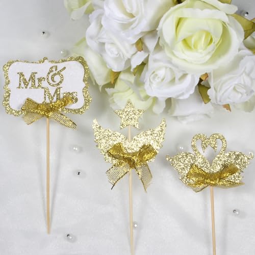 Blopee Wedding Cupcake Topper, Oblong Gold Mr and Mrs Cake Topper, Funny Wedding Cake Toppers Bride and Groom, 12 PCS Elegant Wedding Toppers for Cake Decorations