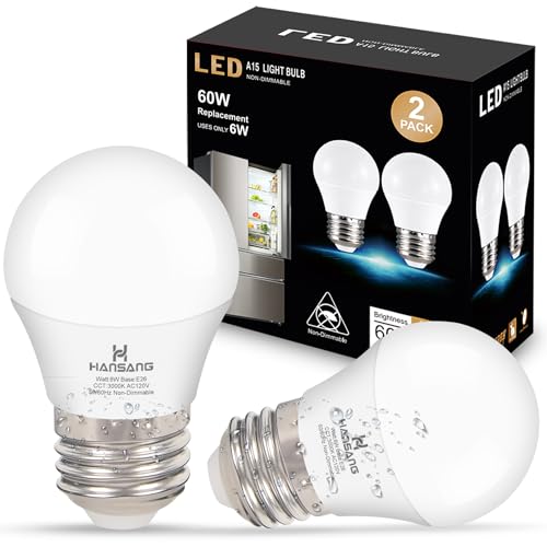 hansang LED Refrigerator Light Bulb E26 Base, 3000K Soft White, 6W Waterproof Appliance Bulb 60Watt Equivalent, A15 Small Fridge Light Bulb, Frigidaire Freezer Bulbs, 120V, 600LM, 2 Pack, Non-Dimmable