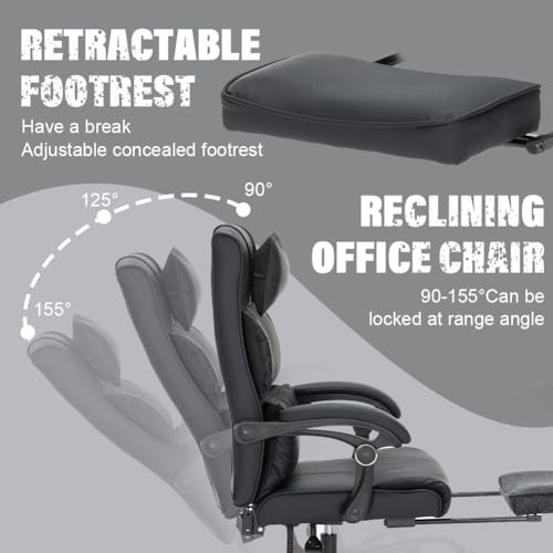 HousePrint Reclining Office Chair with Foot Rest PU Leather Chair with Footrest High Back Home Office Desk Chair with Back Support Ergonomic Office Chair - Not Springy Recline (Black)