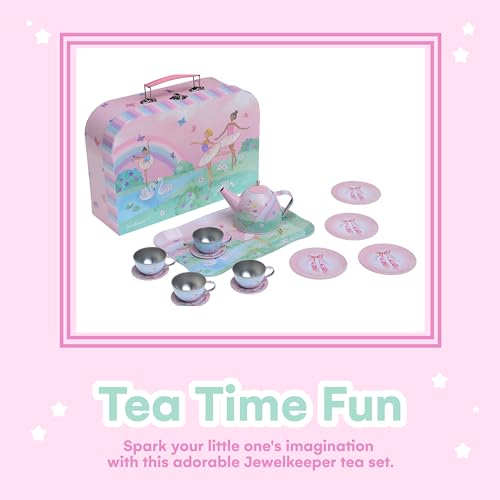 Jewelkeeper Tea Set for Little Girls - 15-Piece Tin Tea Party Set, Ballerina Design - Safe and Durable Toy Kids Tea Set with Carrying Case - Ideal Gift for Kids