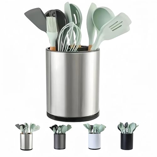 LIBODOUR Kitchen Utensil Holder Extra Large 360° Rotating For Counter Organizer Stainless Steel Storage Cooking Silverware Caddy Flatware 3 Compartment Flatware Spoon Spatula Lazy Susan(Black)