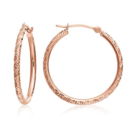 14k Rose Gold Hand Engraved Diamond-cut Round Hoop Earrings -1'' Diameter……