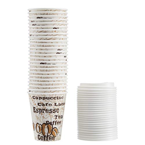 Amazon Basics to Go Hot Paper Coffee Cups with Lids, 12 oz, Café Design, Disposable, 100-Count
