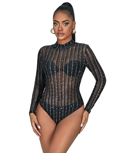 ohyeah Women Black Long Sleeve Lace Bodysuit Turtleneck Bodycon Leotards Mesh Jumpsuit Snap Crotch Clubwear Tops Outfits