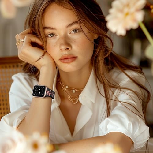 Maledan Fancy Engraved Band Compatible with Apple Watch Bands Women 42mm 44mm 49/45mm, Two-tone Silicone Elegant Rose Flower Pattern Sport Strap for iWatch Series 9 8 SE 7 6 5 4 3 2 1 Ultra Wine Red