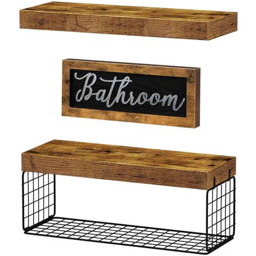 QEEIG Bathroom Shelves Over Toilet Paper Storage - Farmhouse Decor Decorations Aesthetic Décor Sign Small Floating Wall Shelf 2+1 Set 16 inch, Rustic Brown (020BN)