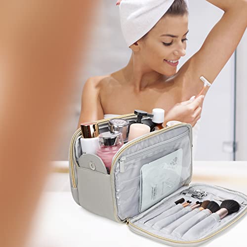 BOOMRICH Travel Makeup Bag, Cosmetic Bag, Toiletry Bag for Women, Water-Resistant Leather Toiletry Organizer, Large Dopp Kit for Toiletries Accessories, Blue Grey