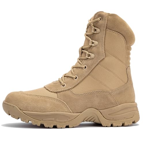 WIDEWAY Men's/Women's Tactical boots 8 Inches Combat Military Work Desert Leather boots with Side Zipper