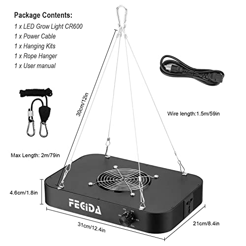 FECiDA LED Grow Light Dimmable 6000 Lumen 65 Watt, 2024 Best Grow Lights for Indoor Plants Full Spectrum, Hanging Seed Starting Seedlings Vegetable Growing Lamps, Daisy Chain Function, Built-in Fan