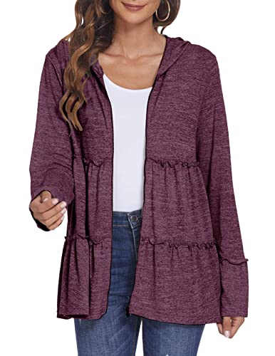 DEESHA Full Zip Up Hoodie for Women Pleated Tiered Ruffle Hooded Sweatshirts Jacket Coat Long Sleeve Purple