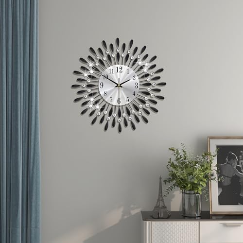YIJIDECOR Wall Clocks for Living Room Decor Large Wall Clocks Battery Operated Silent Non-Ticking for Bedroom Kitchen Office Home Decorative 14 Inches Small Round Metal Black Crystal Wall Watch Clock