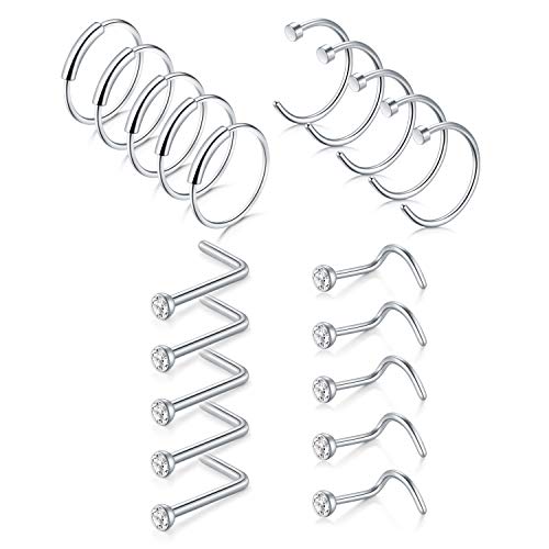 D.Bella 20g Threadless Push in Nose Stud Rings for Women Men Stainless Steel Nose Studs Nose Piercing Jewelry Nose Rings Studs Silver