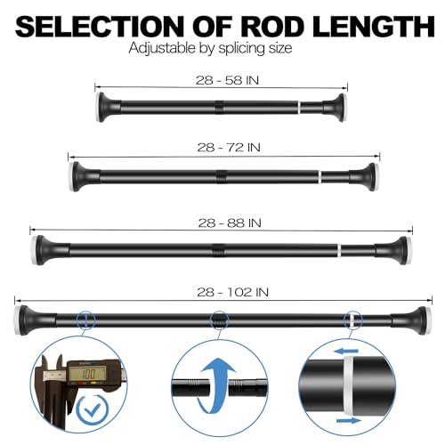 Matte Black Shower Curtain Rod, 28-58 Inches No Drilling Adjustable Tension Shower Curtain Rods for Bathroom, 1 Inch Diameter Stainless Steel Metal Shower Rod, Anti-Slip, No Rust