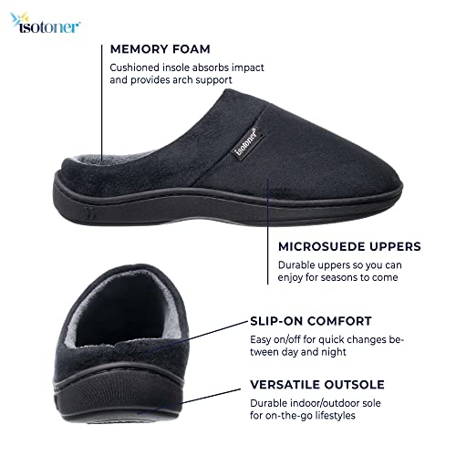isotoner Men's Classic Microterry Slippers, Fuax Microsuede Black, 8-9